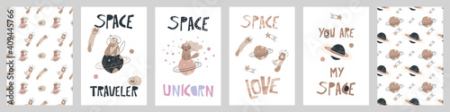 Big vector set of cards with funny cats astronauts and seamless patterns with space thematics. Pastel cutout background with kittens and planets.