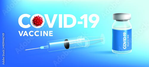 Coronavirus vaccine vector. Covid-19 coronavirus vaccination syringe injection tool and treatment bottle for covid19 treatment with 2019 ncov 3d illustration. Vector illustration Background.