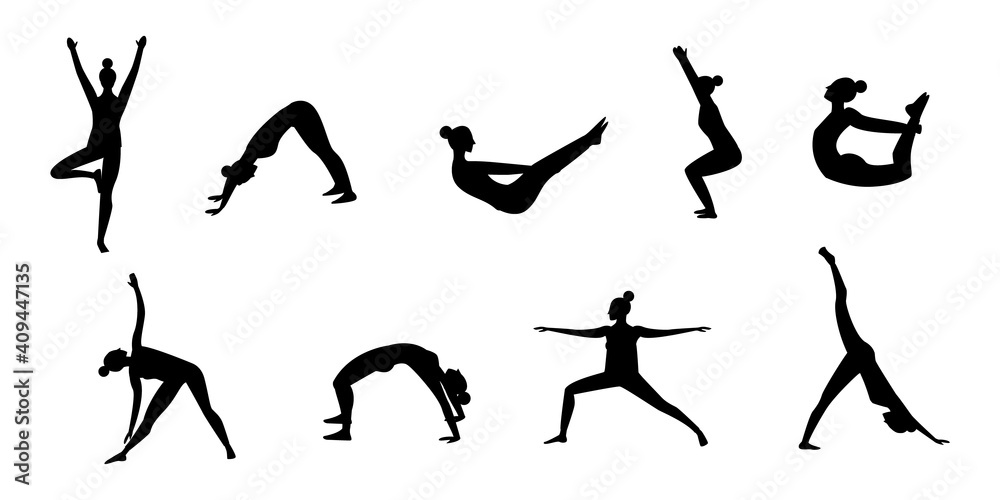 Set of vector silhouette illustrations of a woman in yoga poses isolated on white background. Young woman doing yoga and fitness exercises. Healthy lifestyle. Vector illustration. Set of vector silhouette illustrations of a woman in yoga poses isolated on white background. Young woman doing yoga and fitness exercises. Healthy lifestyle. Vector illustration.