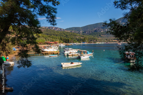 Fototapeta Naklejka Na Ścianę i Meble -  Traditional Turkey boats at anchor in the bay of Akbuk Limani, Gokova, Turkey
