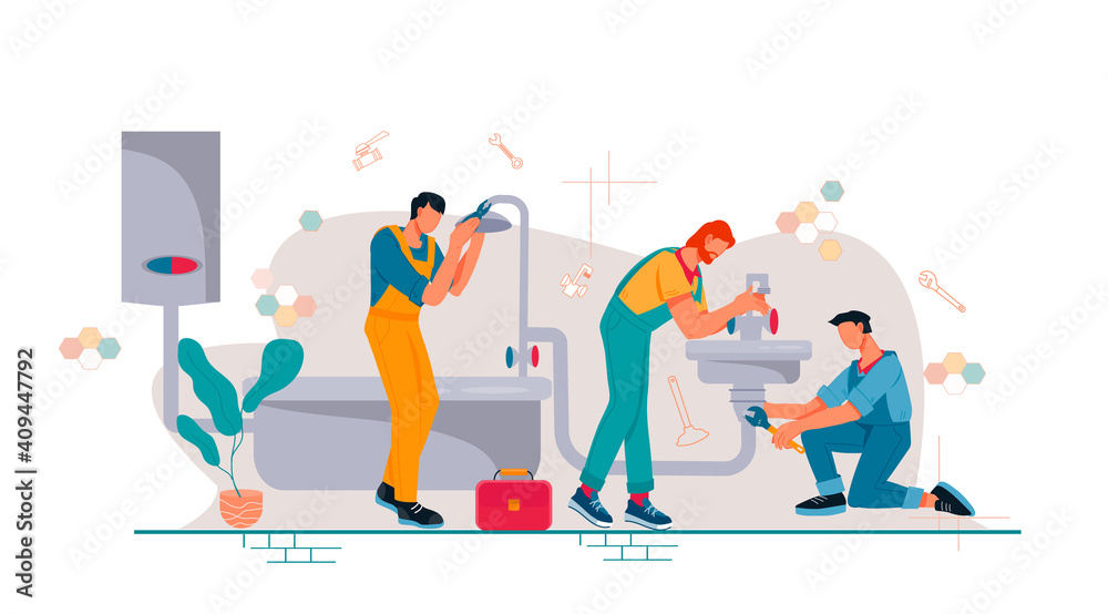 Plumbers repair pipeline and water boiler maintenance. Plumbing service banner with workers fixing plumbing equipment in the house, flat vector illustration isolated on white background. Plumbers repair pipeline and water boiler maintenance. Plumbing service banner with workers fixing plumbing equipment in the house, flat vector illustration isolated on white background.