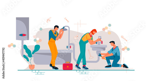 Plumbers repair pipeline and water boiler maintenance. Plumbing service banner with workers fixing plumbing equipment in the house, flat vector illustration isolated on white background.