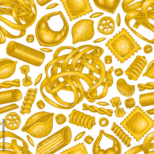 Italian pasta seamless pattern. Hand drawn vector food illustration. Vintage pasta different kinds background.