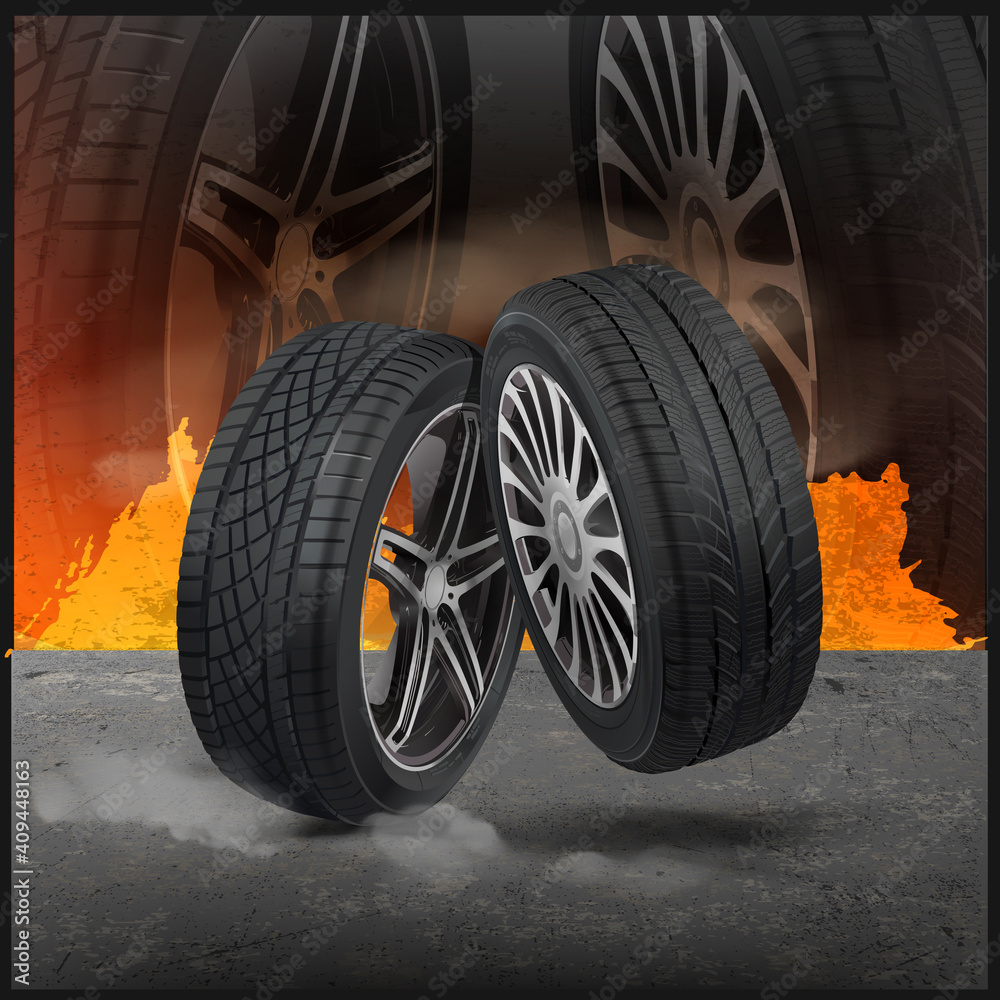 Tire sale out banner template. Grunge tire tracks background for landscape poster, digital banner, flyer, leaflet design. Disc on wheel in process of new tire replacement.