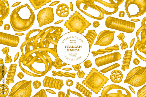 Italian pasta design template. Hand drawn vector food illustration. Vintage pasta different kinds background.