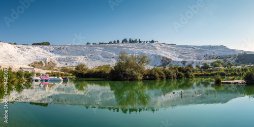 Fototapeta Naklejka Na Ścianę i Meble -  The Thermal Pools and Travertine Terraces of Pamukkale In Denizli Province, Turkey