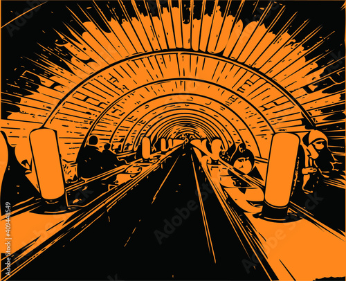 Vector drawing in the style of noir - passengers descend into the subway on the escalator