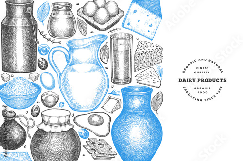 Farm food design template. Hand drawn vector dairy illustration. Engraved style different milk products and eggs banner. Retro food background.