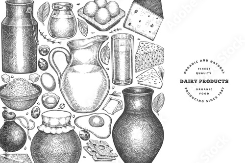 Farm food design template. Hand drawn vector dairy illustration. Engraved style different milk products and eggs banner. Retro food background.