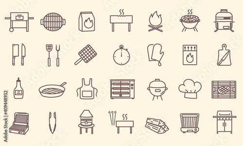 Set of grilling line icons. BBQ barbecue grill. Collection of minimal style isolated outline icons, signs and symbols. Editable Strokes