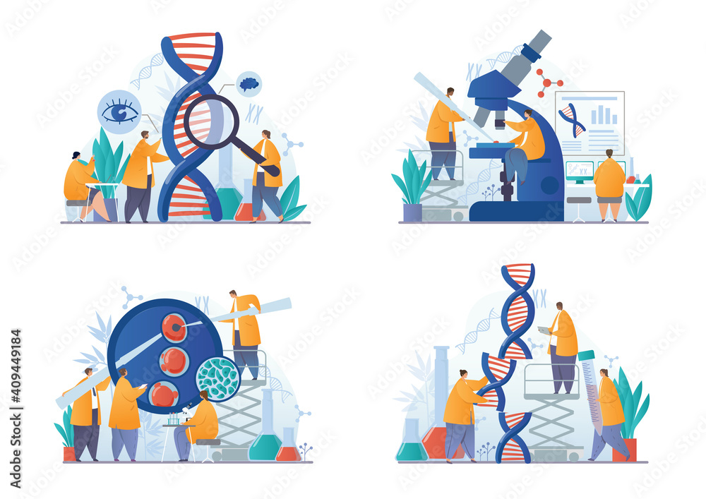 DNA and genetic scientific research concepts. Group of scientists investigating DNA. Suitable for landing page, web, banner. Set of flat cartoon vector illustrations isolated on white background