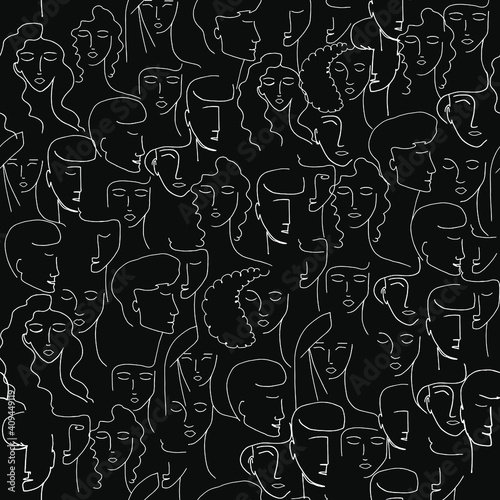 Seamless vector pattern with portraits of girls, boys drawn in lines on a black background. Portraits of people in a modern style. Female and male faces in a graphic drawing.