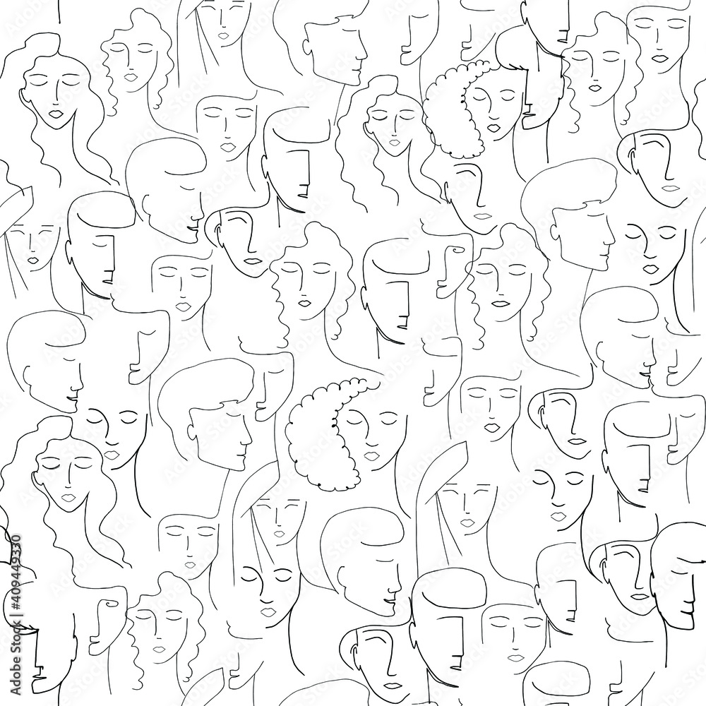 Seamless vector pattern with portraits of girls, boyfriend drawn lines on a white background. Portraits of people in a modern style. Female and male faces in a bar graph.