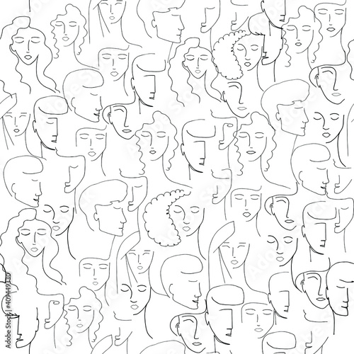 Seamless vector pattern with portraits of girls  boyfriend drawn lines on a white background. Portraits of people in a modern style. Female and male faces in a bar graph.