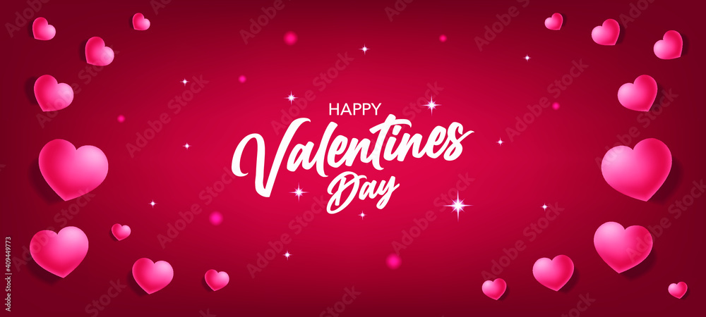 Valentine's day background with floating 3d hearts and typography of happy Valentine's day text. Valentines day banner vector illustration. shinning, poster