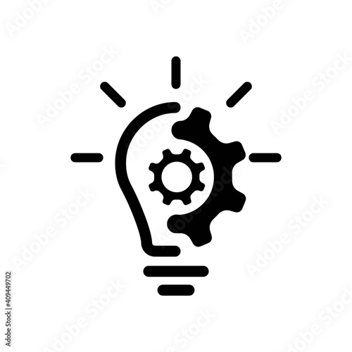 Creative idea line icon. Lump with gear icon. Brain in lightbulb vector illustration. Thin sign of innovation, solution, education logo. Vector EPS 10. Isolated on white background photo