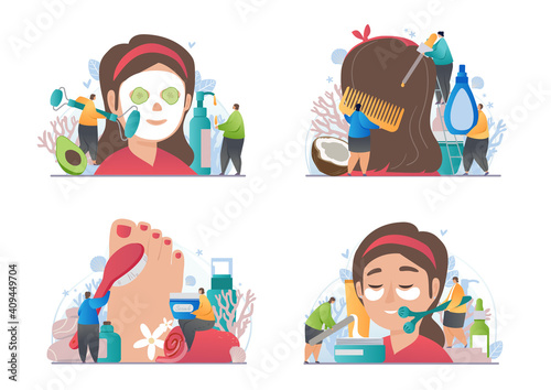 The girl getting anti-aging and cleansing cosmetic procedures in a beauty salon. Abstract metaphor. Set of flat cartoon vector illustrations isolated on white background