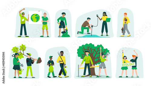 Save the planet and eco volunteering concept, waste collection, planting trees, water testing, hanging bird houses set of flat vector illustrations vector illustrations isolated on white background
