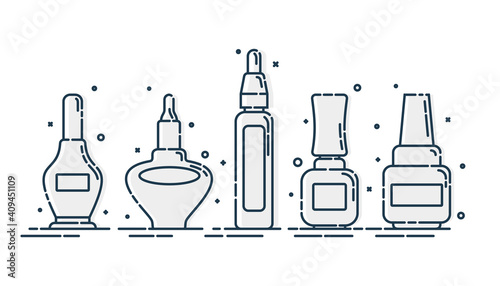 Cosmetic containers nail polish in row. Female fashion product. Five plastic or glass bottle. Fashion and style. Closeup on white backdrop. Isolated object. Illustration isolated white background