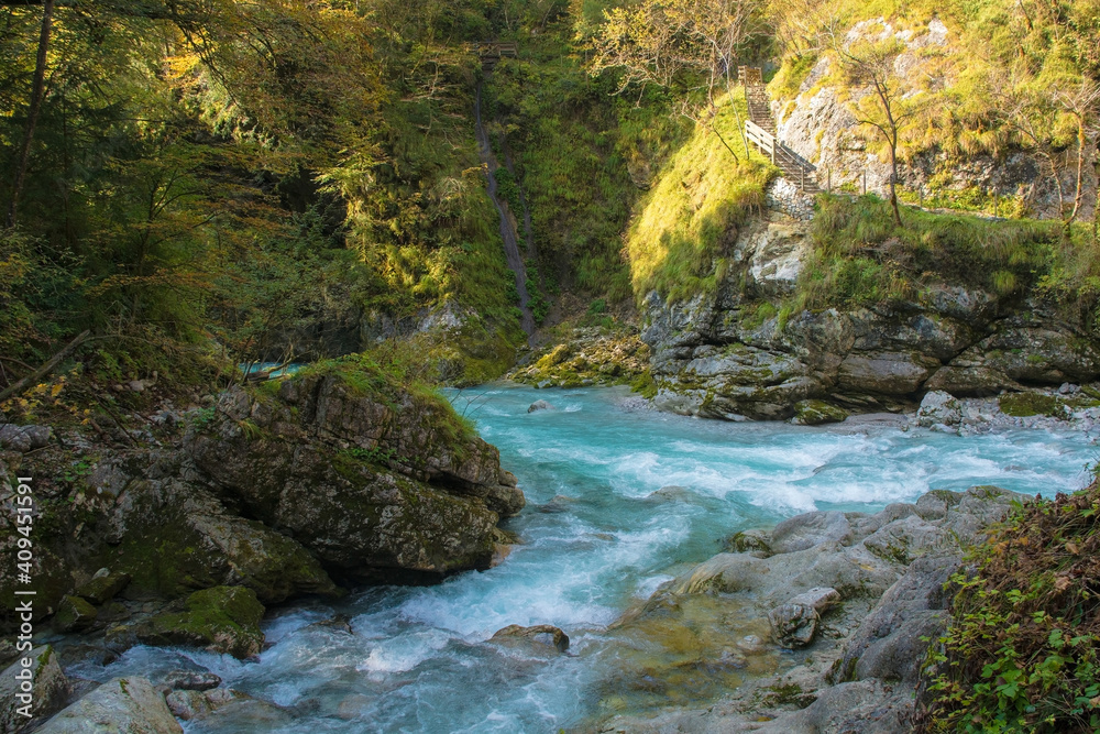The confluence of the rivers Tolminka and Zadlascica in Tolmin Gorge in the Triglav National Park, north western Slovenia
The confluence of the rivers Tolminka and Zadlascica in Tolmin Gorge in the Triglav National Park, north western Slovenia