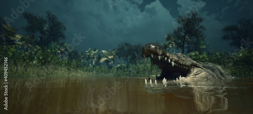 wildlife and large crocodile. swims in the dirty river. photo