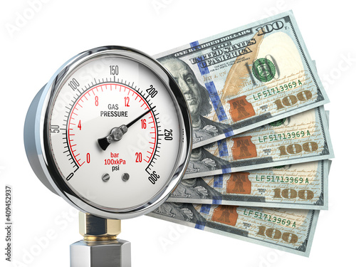 Gas pression gauge meter with dollar banknotes. Gas price and heating costs payment concept. photo