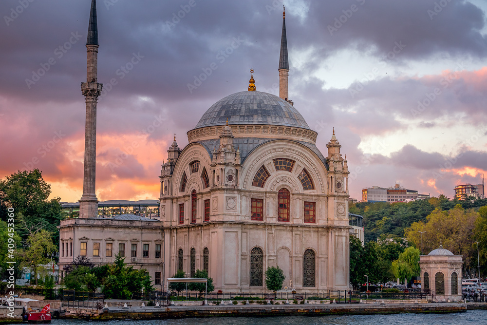 The Ortaköy Mosque on the banks of the Bosphorus Straits, at sunset.