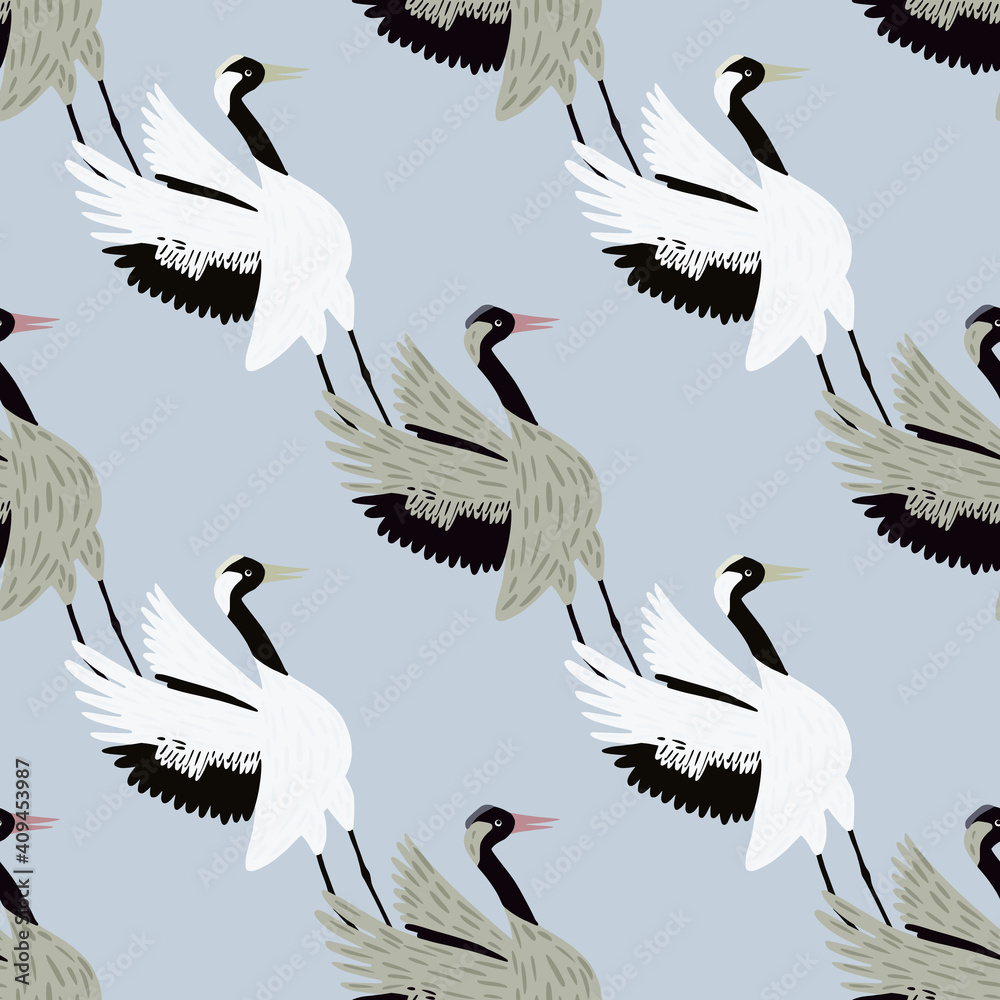 Fototapeta Cartoon animal seamless pattern with hand drawn crane bird print. Light blue background. Chinese design.