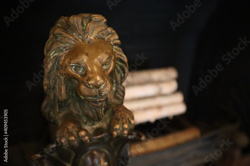 Coppered lion head fire poker near a fireplace with stacked thin white logs in the background photo