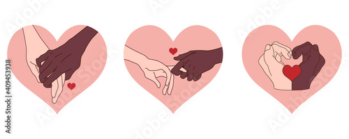 Couples holding hands. Anti racism stop discrimination.Black lives matter hand drawn poster.  Black and white hands together concept.Vector Illustration.