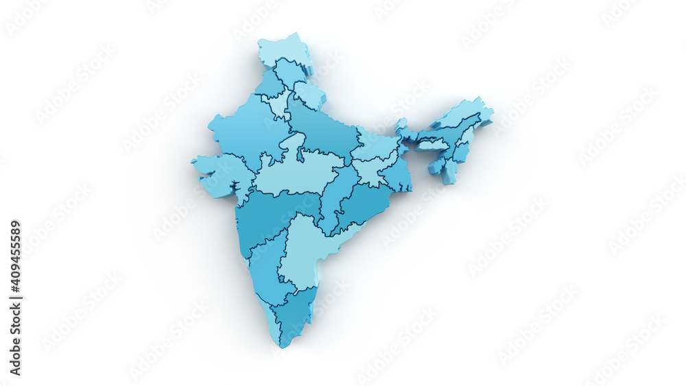 Detailed map of selected regions of India turquoise on white. 3d render