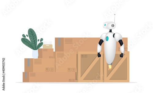 White flying robot on the background of boxes. Delivery and trucking concept. Realistic style. Vector illustration.