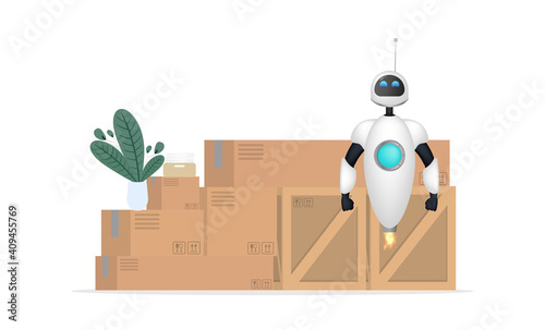 White flying robot on the background of boxes. Delivery and trucking concept. Realistic style. Vector illustration.