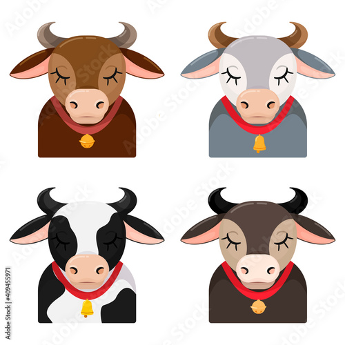 Breeds of domestic cows. Portrait of happy cow with bell. Vector avatar set