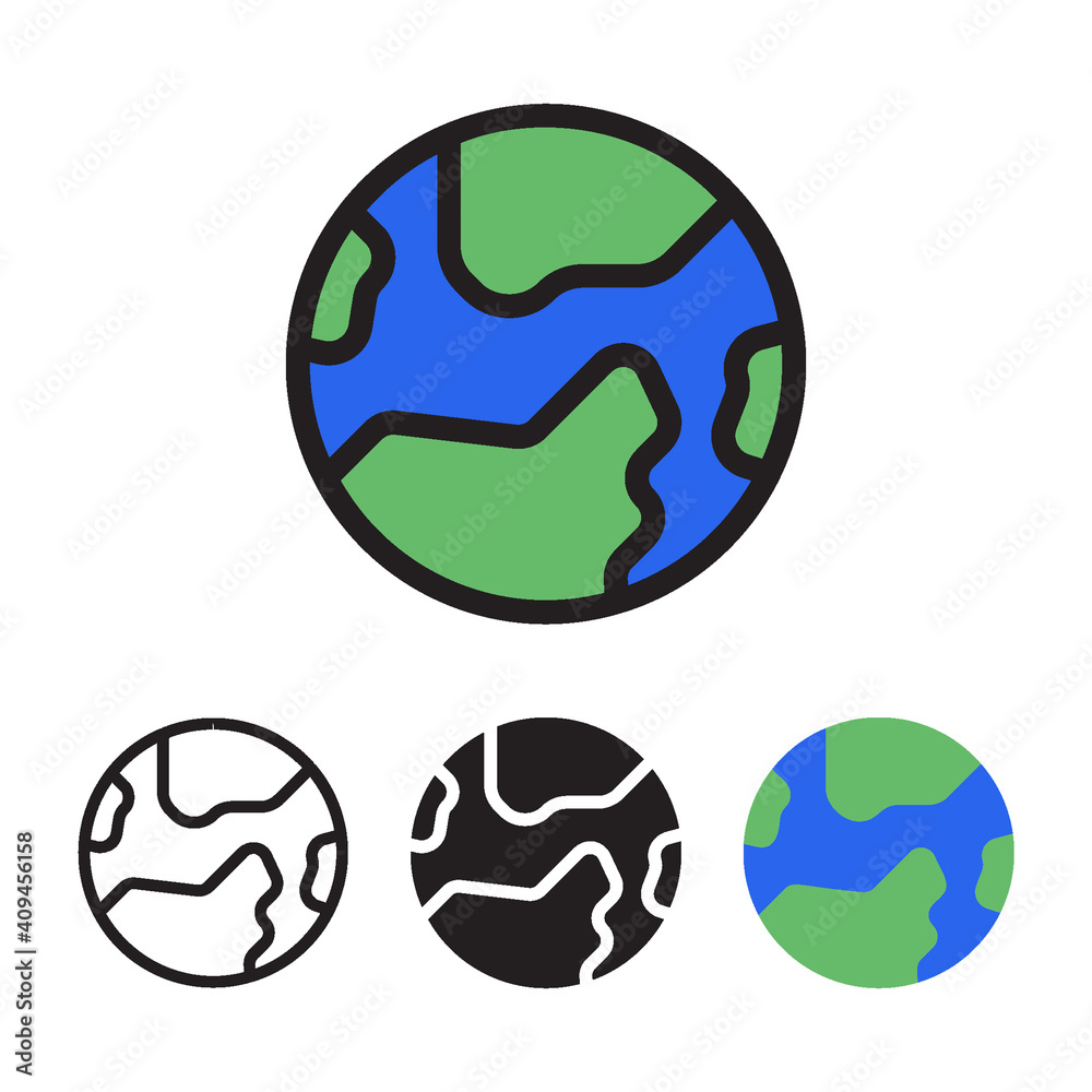 Globe icon with 4 different styles. Filled, outline, glyph and line colored. Globe icon with 4 different styles. Filled, outline, glyph and line colored.