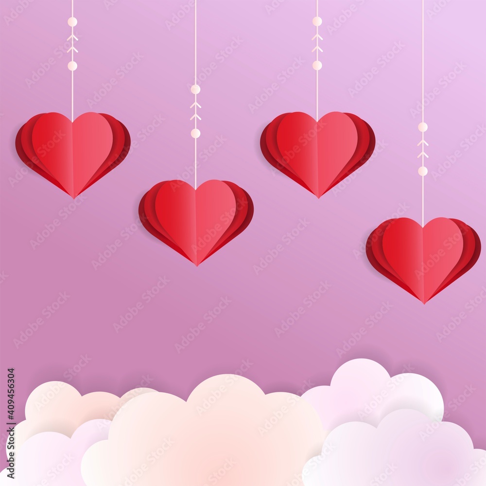 Valentine's day greeting card. 3d red paper hearts with clouds. Cute love banner or Valentines. Vector illustration.