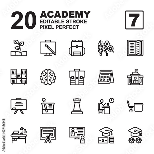 Icon Set of Academy. Outline style icon vector. Contains such of agriculture, class, university, school, chemistry, learning, daring, chalkboard, bookshelf and more. Editable Stroke and Pixel perfect.