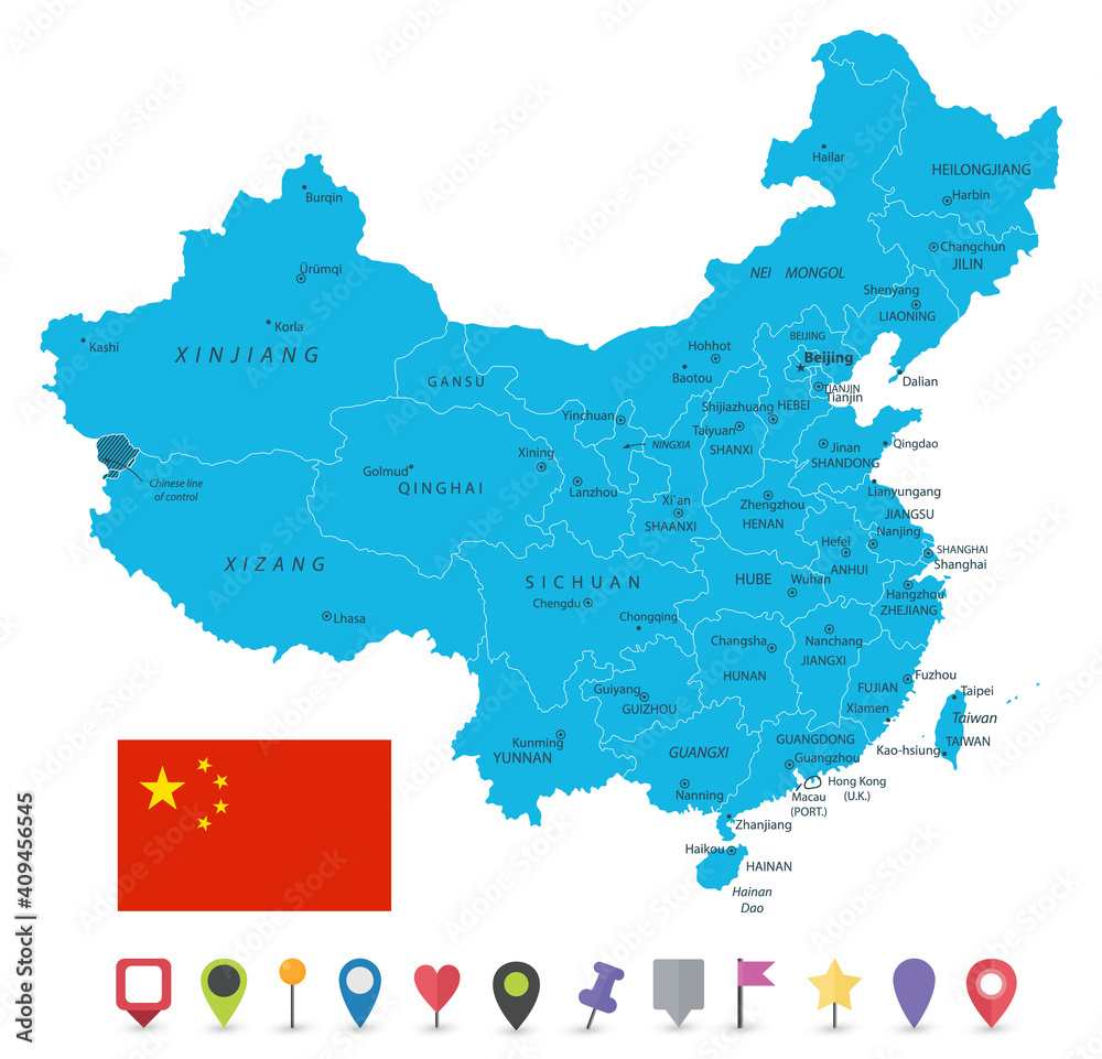 China Map Isolated On White and Flat Map Icons