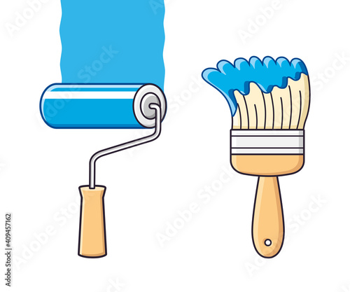 Blue paint brush and roller with stroke isolated