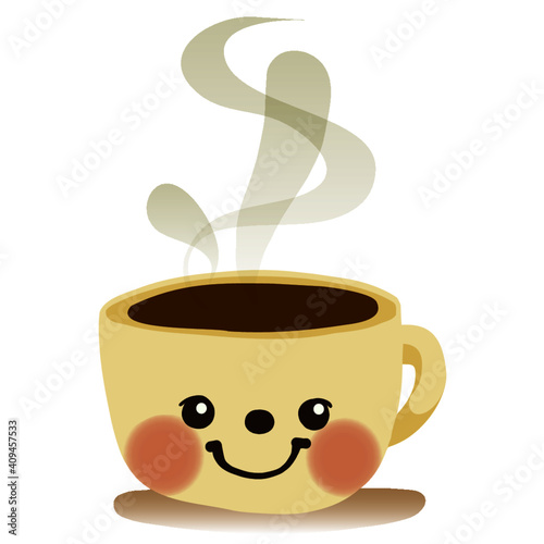 a cute coffee mug is steaming with smiling, cafe, logo, cafe decors, cafe, mug, coffee, drink, mug, tea, white, cafe, hot, beverage, isolated, black, breakfast, caffeine, espresso, brown, illustration