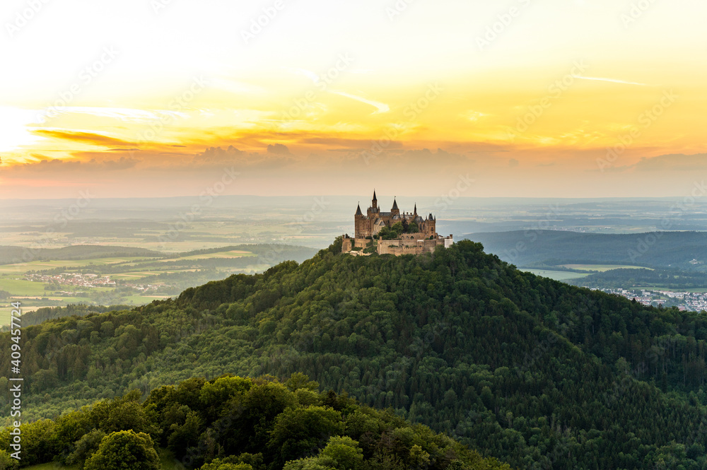 View on Hohenzollern castle from the hill Zellernhorn during sunset