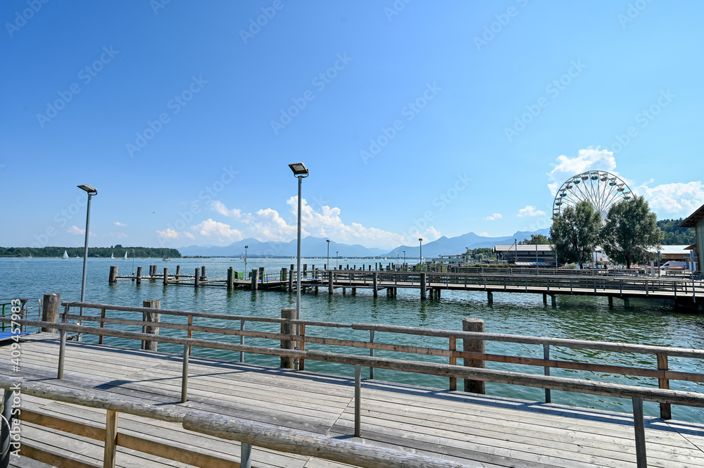 Pier in Prien at lake Chiemsee with a view on the Bavarian alps
