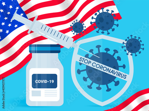 Vaccine with the flag of the United States. Stop the coronavirus. Web banner template. Protection against covid - 19.