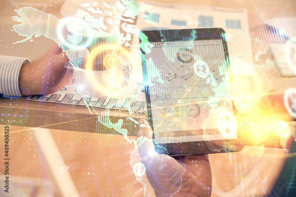 Double exposure of man's hands holding and using a phone and financial chart drawing. Market analysis concept. Double exposure of man's hands holding and using a phone and financial chart drawing. Market analysis concept.