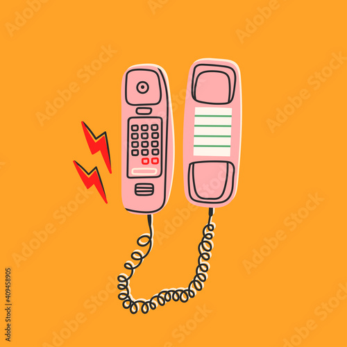 Pink Phone and flash. Communication device. Classic wired telephone. Retro vintage style Icon. Hand drawn Vector illustration. Pre-made Card or T-shirt Print