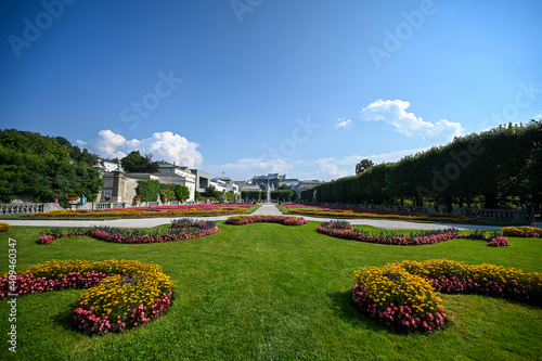 Garden Mirabell with castle Hohensalzburg in the background in Salzburg