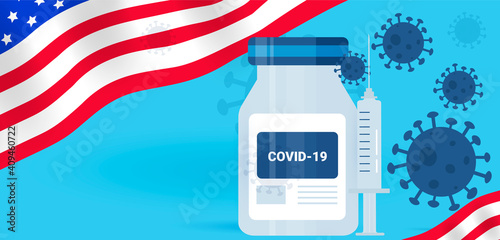 A vaccine with the flag of the United States. Mass vaccination to stop the coronavirus. Web banner template with empty space for text