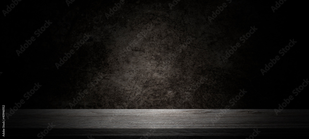 Empty wooden table on cement wall dark background,perspective wooden floor shelf table,used as a studio background wall to display your products.