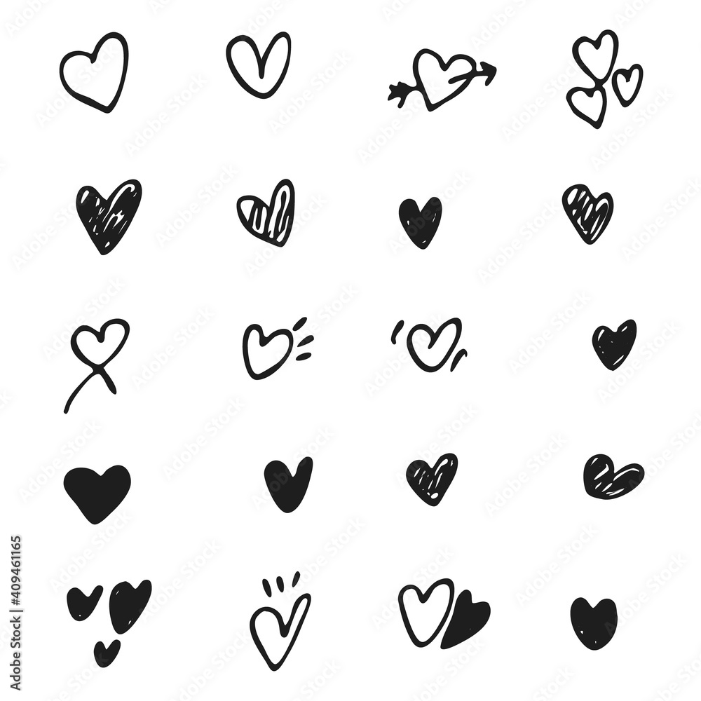 Hand drawn doodle hearts collection. Vector set