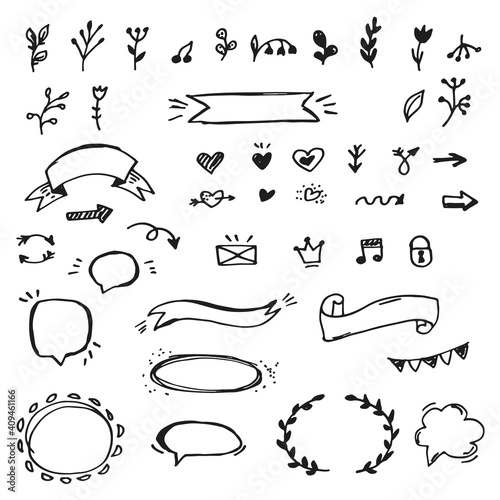 Vector set of hand drawn arrows, flowers, bubbles, frames and decorative elements. doodle set.